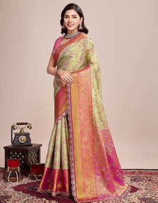 Light green woven silk blend banarasi saree with blouse 3