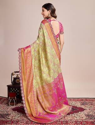Light green woven silk blend banarasi saree with blouse 4