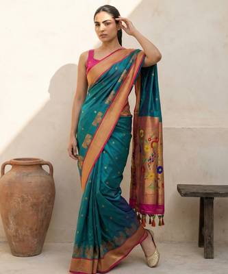 Teal woven zari buti & floral motifs work silk blend fabric traditional festive style 4
