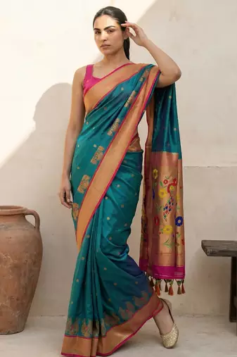 Teal woven zari buti & floral motifs work silk blend fabric traditional festive style