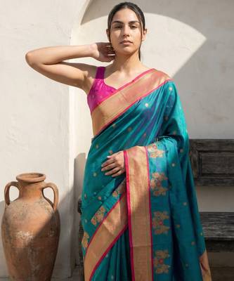 Teal woven zari buti & floral motifs work silk blend fabric traditional festive style 5