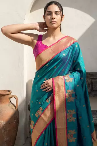 Teal woven zari buti & floral motifs work silk blend fabric traditional festive style