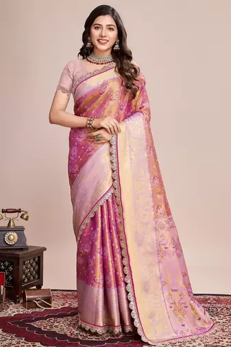 Pink woven pure silk banarasi saree with blouse