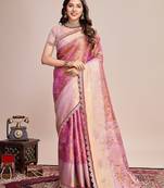 Pink woven pure silk banarasi saree with blouse