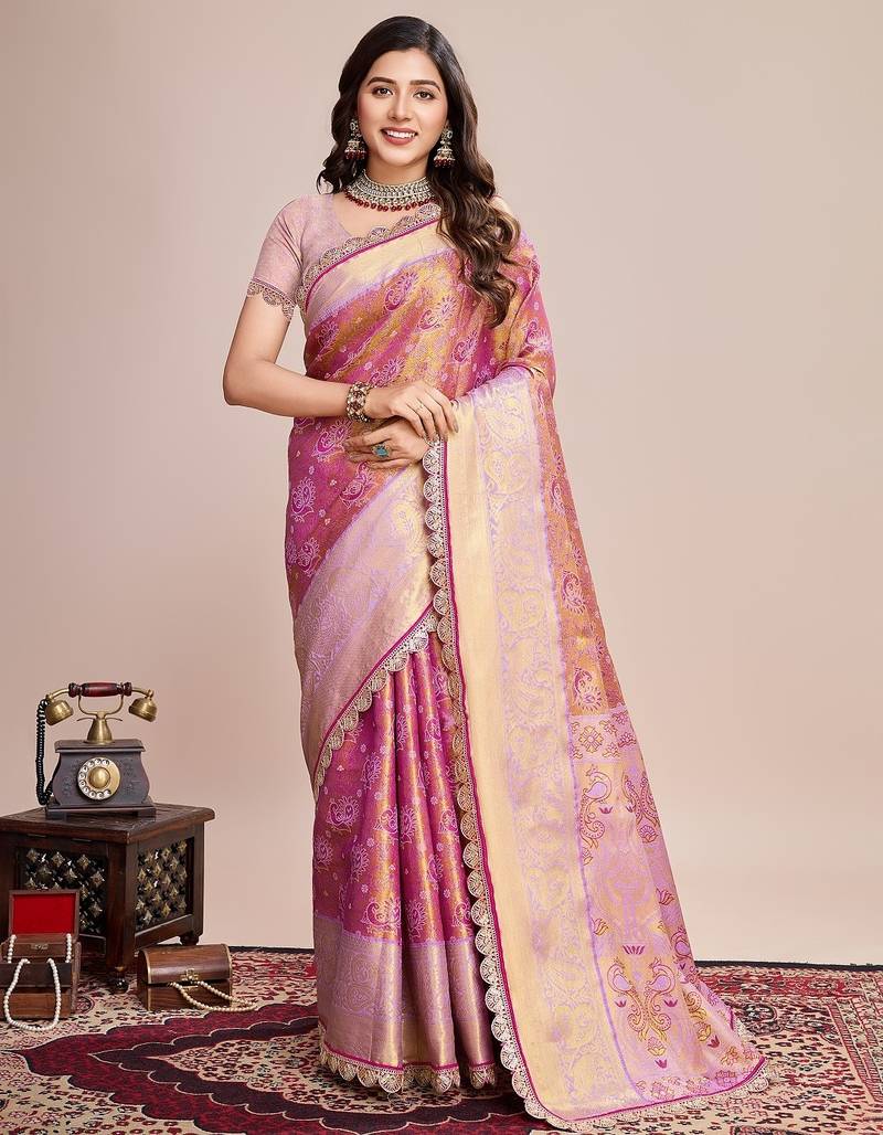 Pink woven pure silk banarasi saree with blouse
