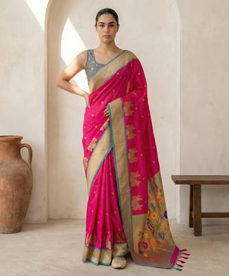 Pink woven zari buti & floral motifs work silk blend fabric traditional festive style 1