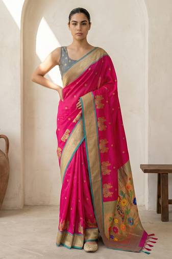 Pink woven zari buti & floral motifs work silk blend fabric traditional festive style