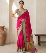 Pink woven zari buti & floral motifs work silk blend fabric traditional festive style