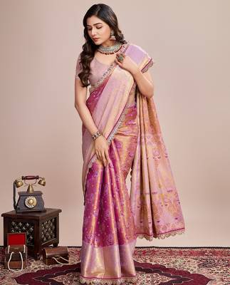 Pink woven silk blend banarasi saree with blouse 2
