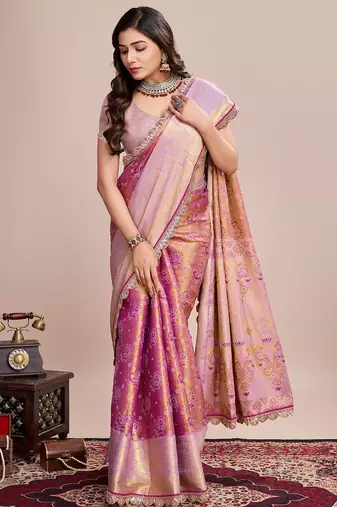 Pink woven pure silk banarasi saree with blouse