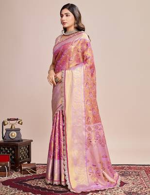 Pink woven silk blend banarasi saree with blouse 3