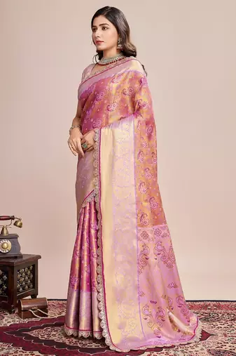 Pink woven pure silk banarasi saree with blouse
