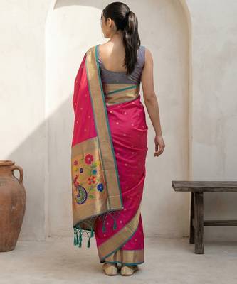 Pink woven zari buti & floral motifs work silk blend fabric traditional festive style 2