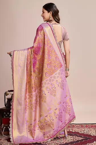 Pink woven pure silk banarasi saree with blouse