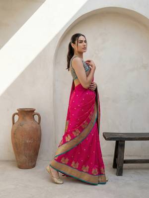 Pink woven zari buti & floral motifs work silk blend fabric traditional festive style 3