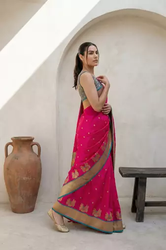 Pink woven zari buti & floral motifs work silk blend fabric traditional festive style