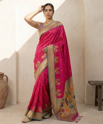 Pink woven zari buti & floral motifs work silk blend fabric traditional festive style 4