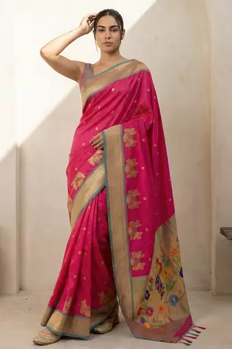 Pink woven zari buti & floral motifs work silk blend fabric traditional festive style