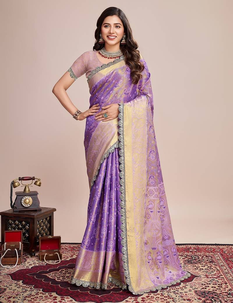 Purple woven pure silk banarasi saree with blouse