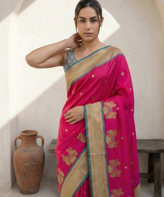 Pink woven zari buti & floral motifs work silk blend fabric traditional festive style 5