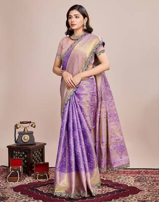 Purple woven silk blend banarasi saree with blouse 2