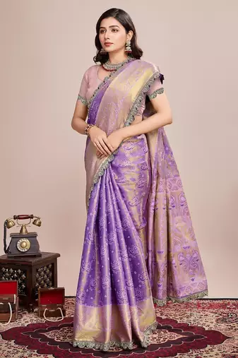 Purple woven pure silk banarasi saree with blouse