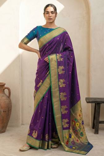 Purple woven zari buti & floral motifs work silk blend fabric traditional festive style
