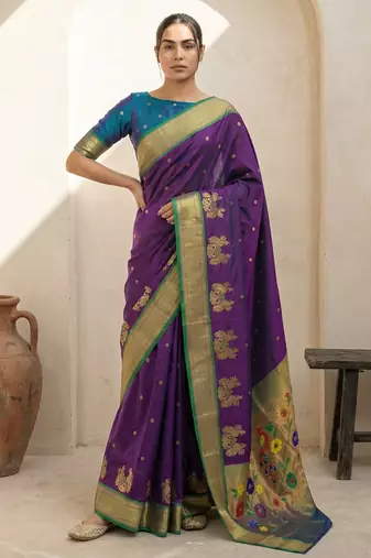 Purple woven zari buti & floral motifs work silk blend fabric traditional festive style
