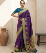 Purple woven zari buti & floral motifs work silk blend fabric traditional festive style
