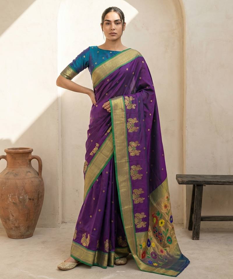 Purple woven zari buti & floral motifs work silk blend fabric traditional festive style