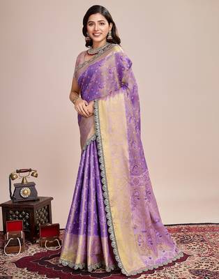 Purple woven silk blend banarasi saree with blouse 3