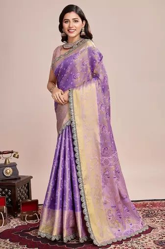 Purple woven pure silk banarasi saree with blouse