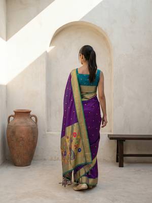 Purple woven zari buti & floral motifs work silk blend fabric traditional festive style 2