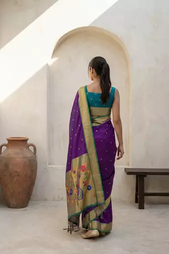 Purple woven zari buti & floral motifs work silk blend fabric traditional festive style