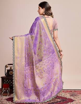 Purple woven silk blend banarasi saree with blouse 4