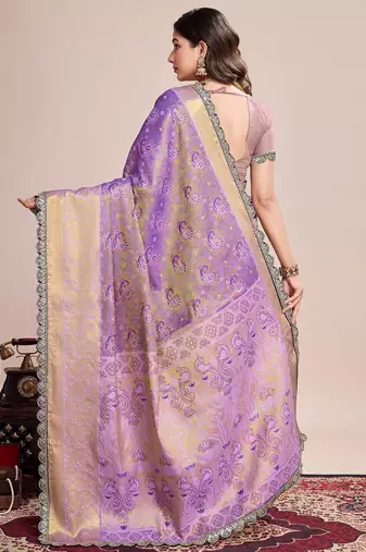 Purple woven pure silk banarasi saree with blouse