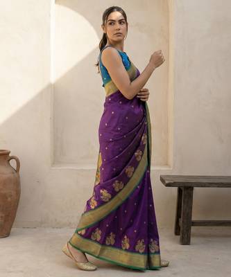Purple woven zari buti & floral motifs work silk blend fabric traditional festive style 3