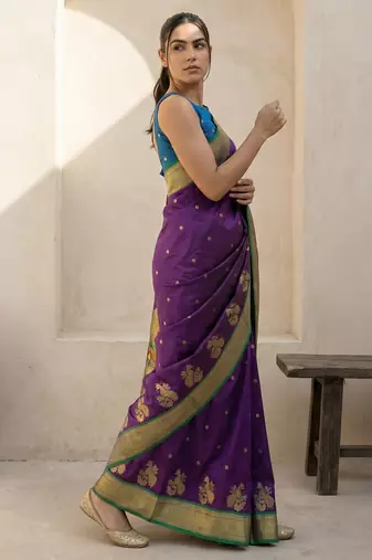 Purple woven zari buti & floral motifs work silk blend fabric traditional festive style