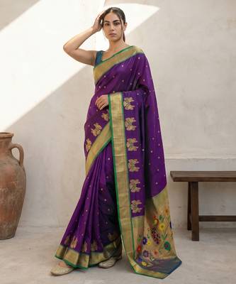 Purple woven zari buti & floral motifs work silk blend fabric traditional festive style 4