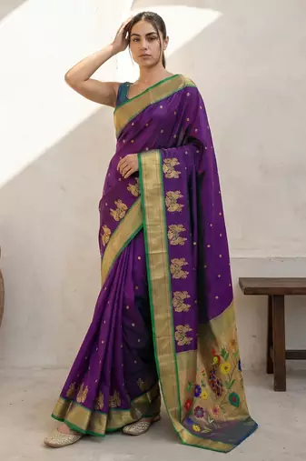 Purple woven zari buti & floral motifs work silk blend fabric traditional festive style