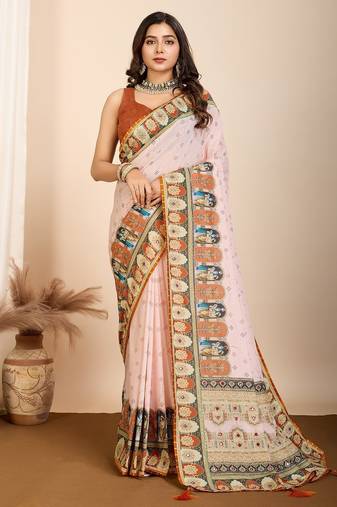 Cream printed embellished pure cotton kalamkari saree with blouse