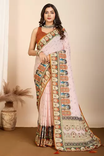Cream printed embellished pure cotton kalamkari saree with blouse