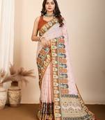 Cream printed embellished pure cotton kalamkari saree with blouse
