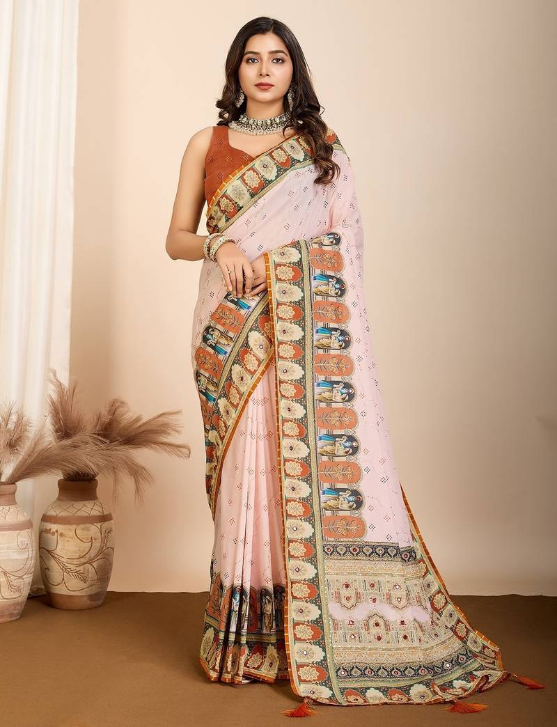 Cream printed embellished pure cotton kalamkari saree with blouse