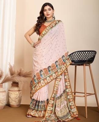 Cream printed embellished pure cotton kalamkari saree with blouse 2