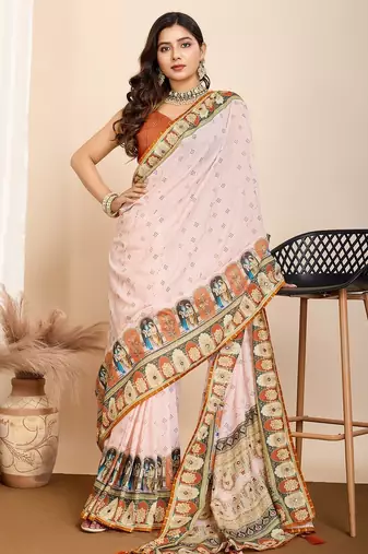 Cream printed embellished pure cotton kalamkari saree with blouse