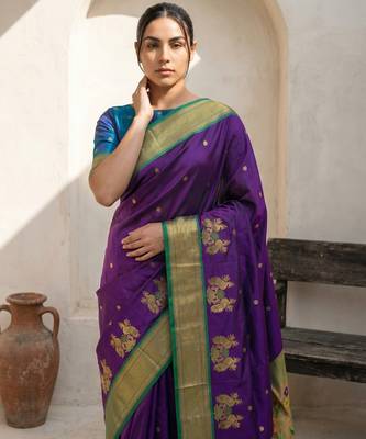 Purple woven zari buti & floral motifs work silk blend fabric traditional festive style 5
