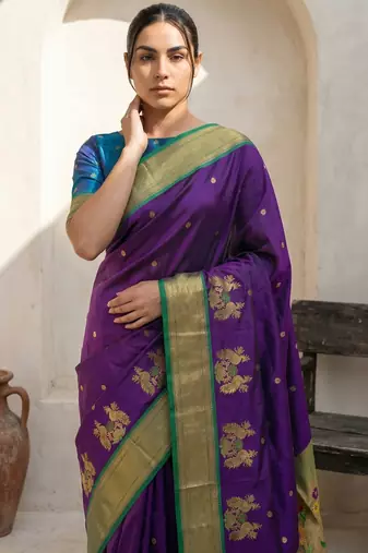 Purple woven zari buti & floral motifs work silk blend fabric traditional festive style