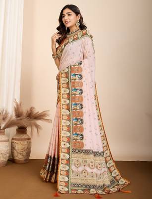 Cream printed embellished pure cotton kalamkari saree with blouse 3