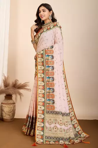 Cream printed embellished pure cotton kalamkari saree with blouse
